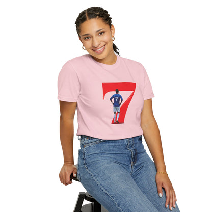 Retro footballer goal celebration pose printed on soft garment-dyed tee