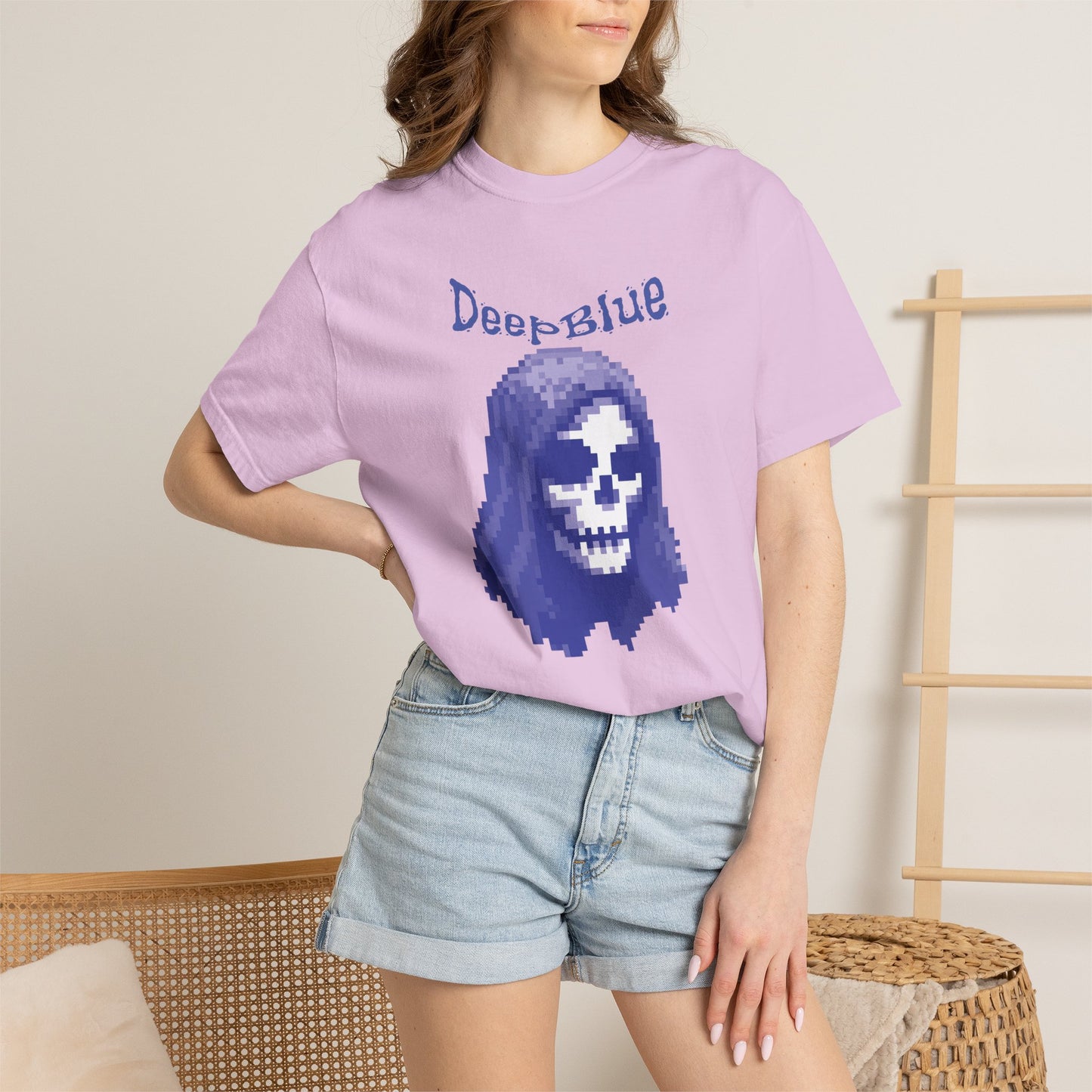 Retro gamer tee pixel pirate design close-up on chest print placement
