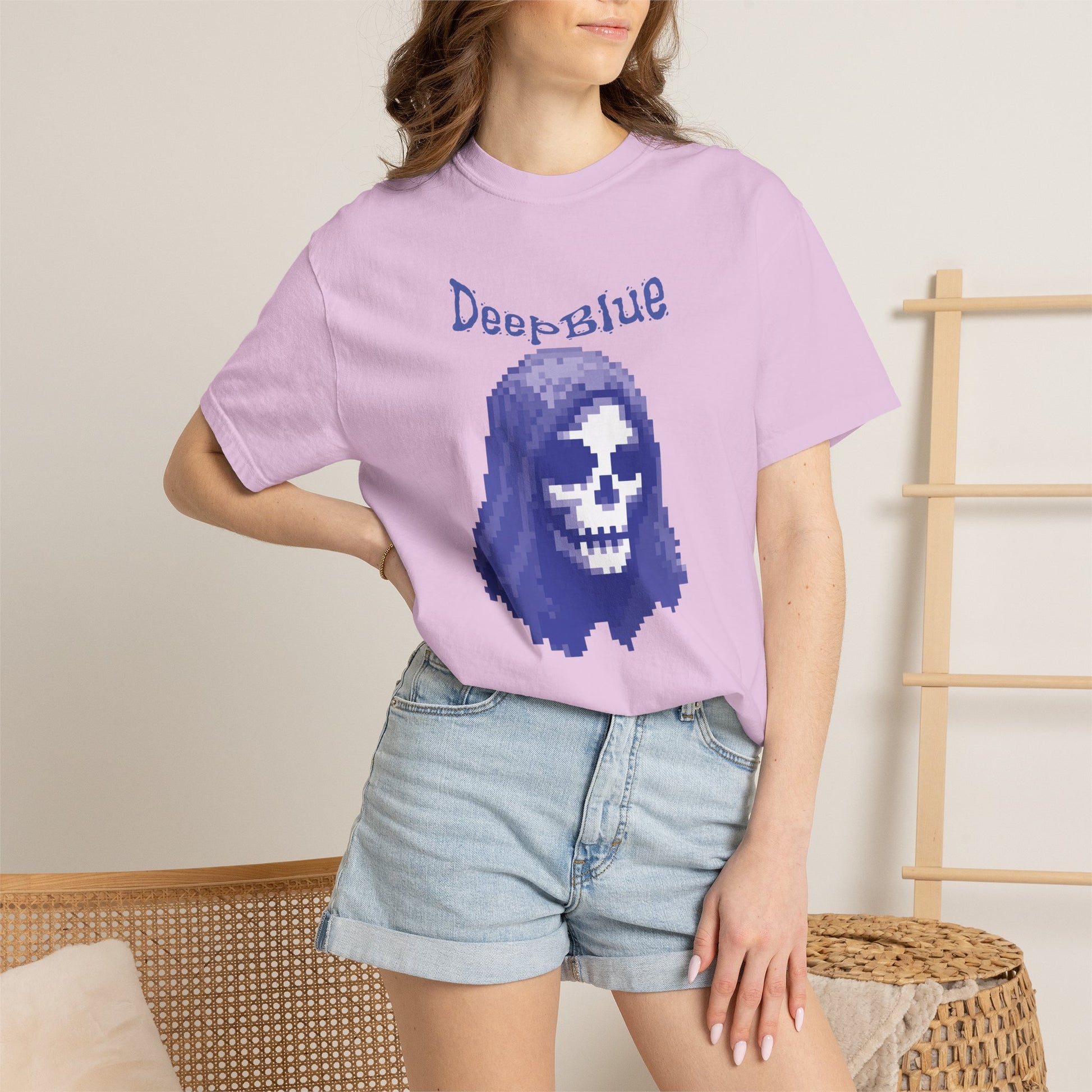 Retro gamer tee pixel pirate design close-up on chest print placement
