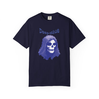 Retro gamer tee with 8-bit pirate skull print on vintage-dyed cotton
