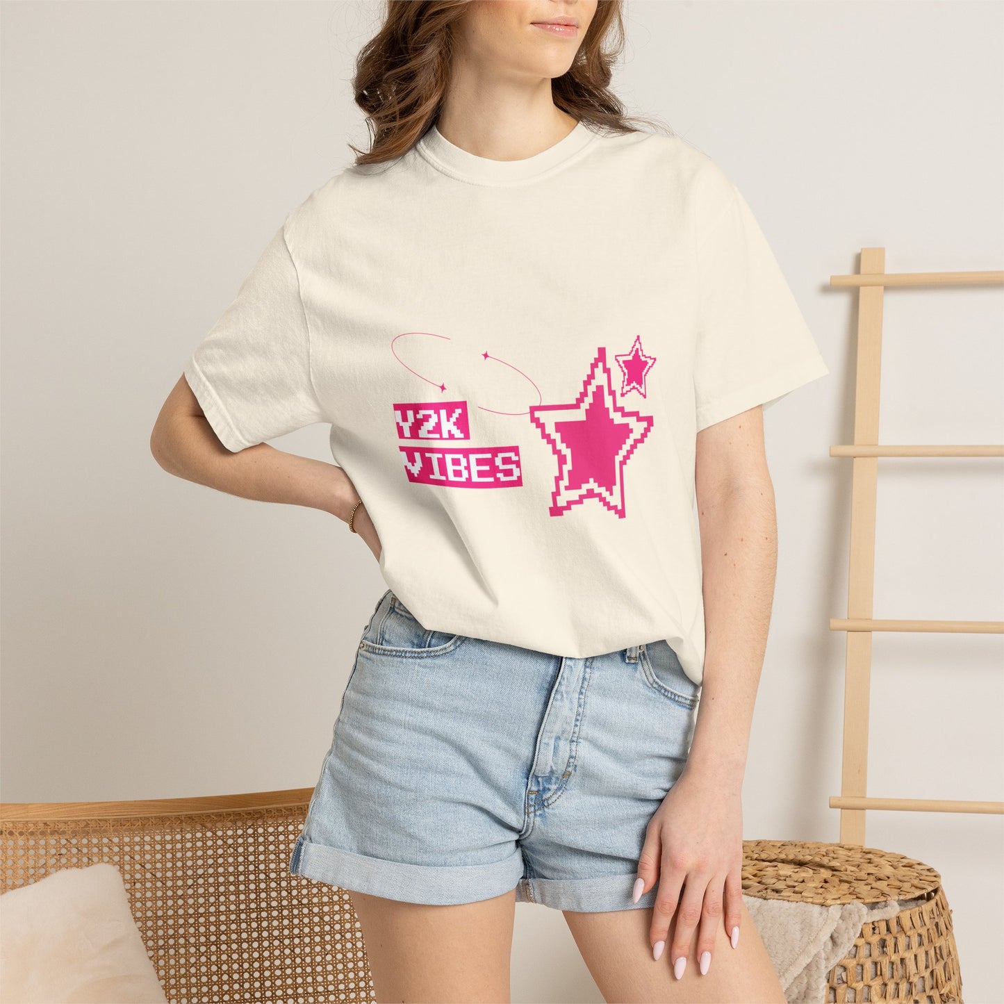 Retro gaming enthusiast wearing Y2K pixel art tee at festival — early 2000s aesthetic outfit