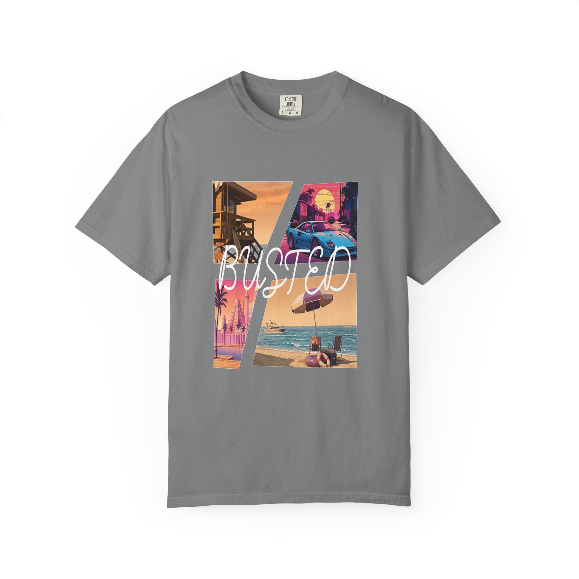 Retro gaming inspired unisex graphic tee with neon sunset print