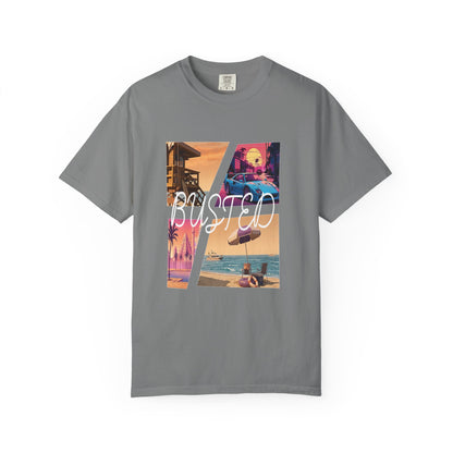 Retro gaming inspired unisex graphic tee with neon sunset print