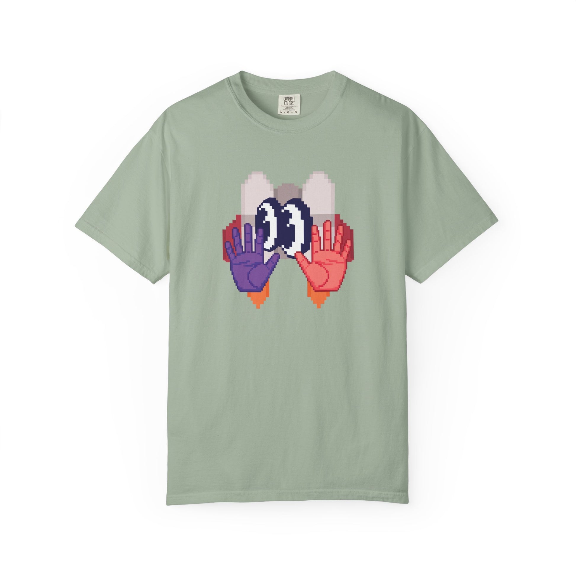 Retro gaming shirt heavyweight cotton flat lay front facing neutral background
