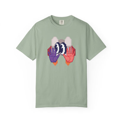 Retro gaming shirt heavyweight cotton flat lay front facing neutral background
