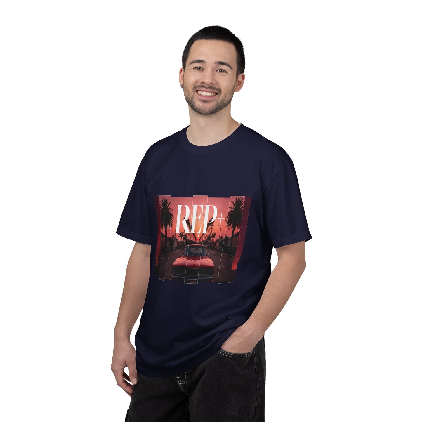 Retro muscle car shirt laid flat showing full chest artwork of 80s cruiser at sunset