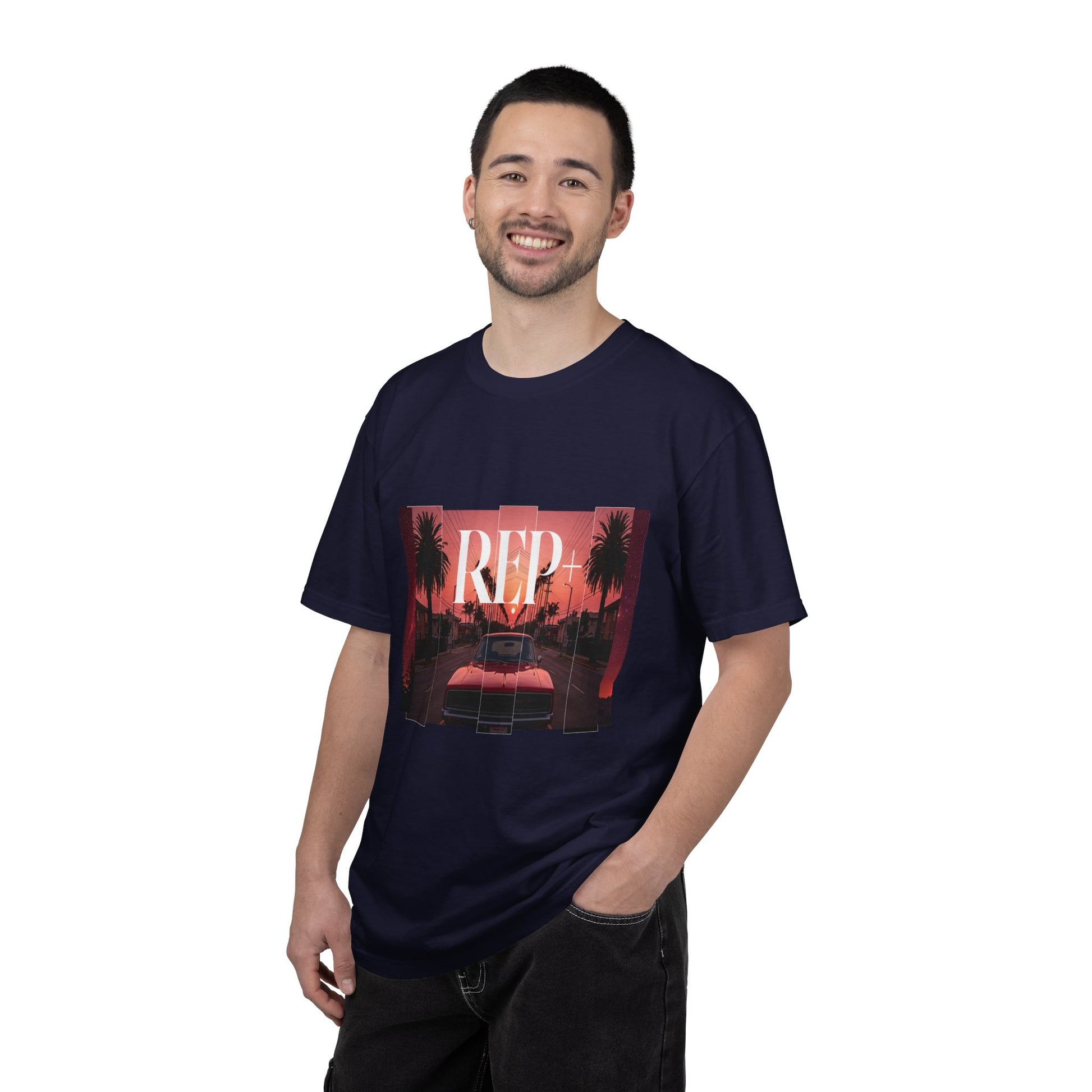 Retro muscle car shirt laid flat showing full chest artwork of 80s cruiser at sunset