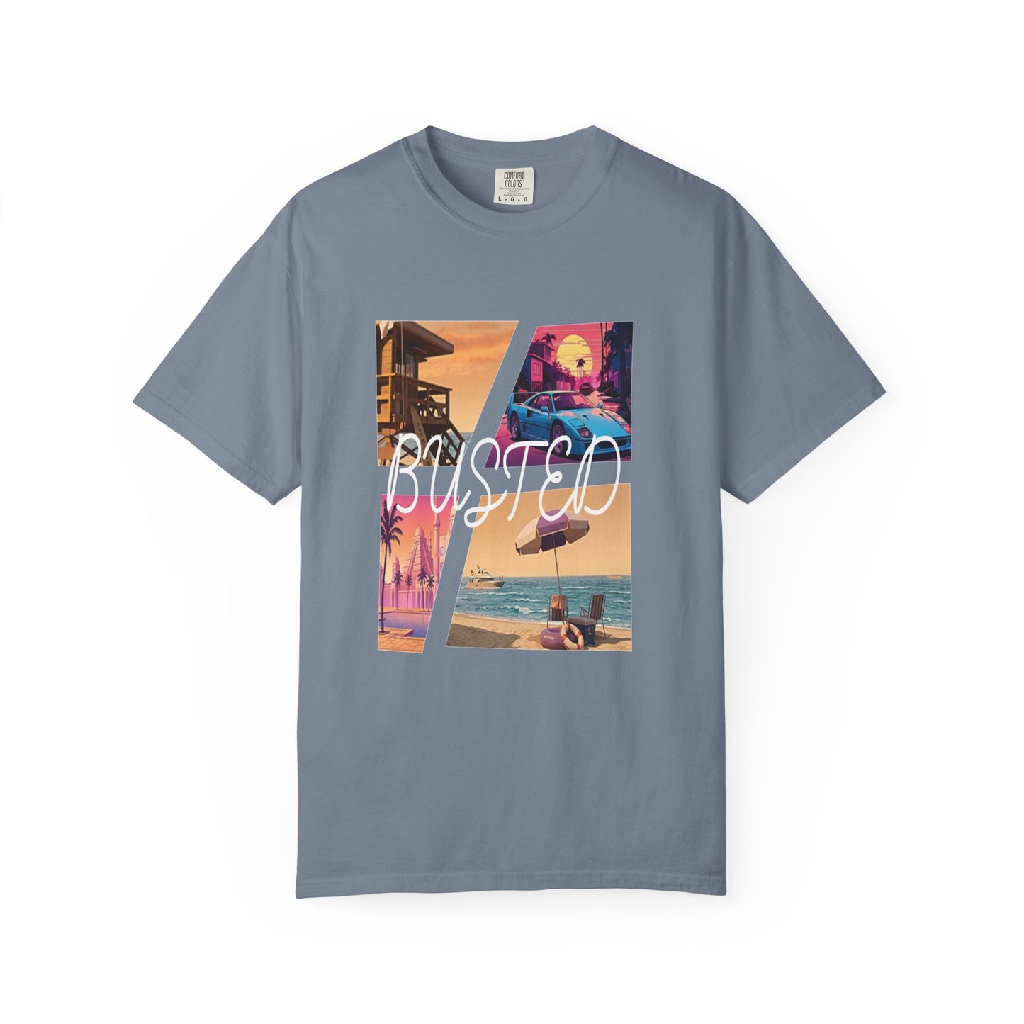 Retro open world gaming inspired neon sunset graphic tee