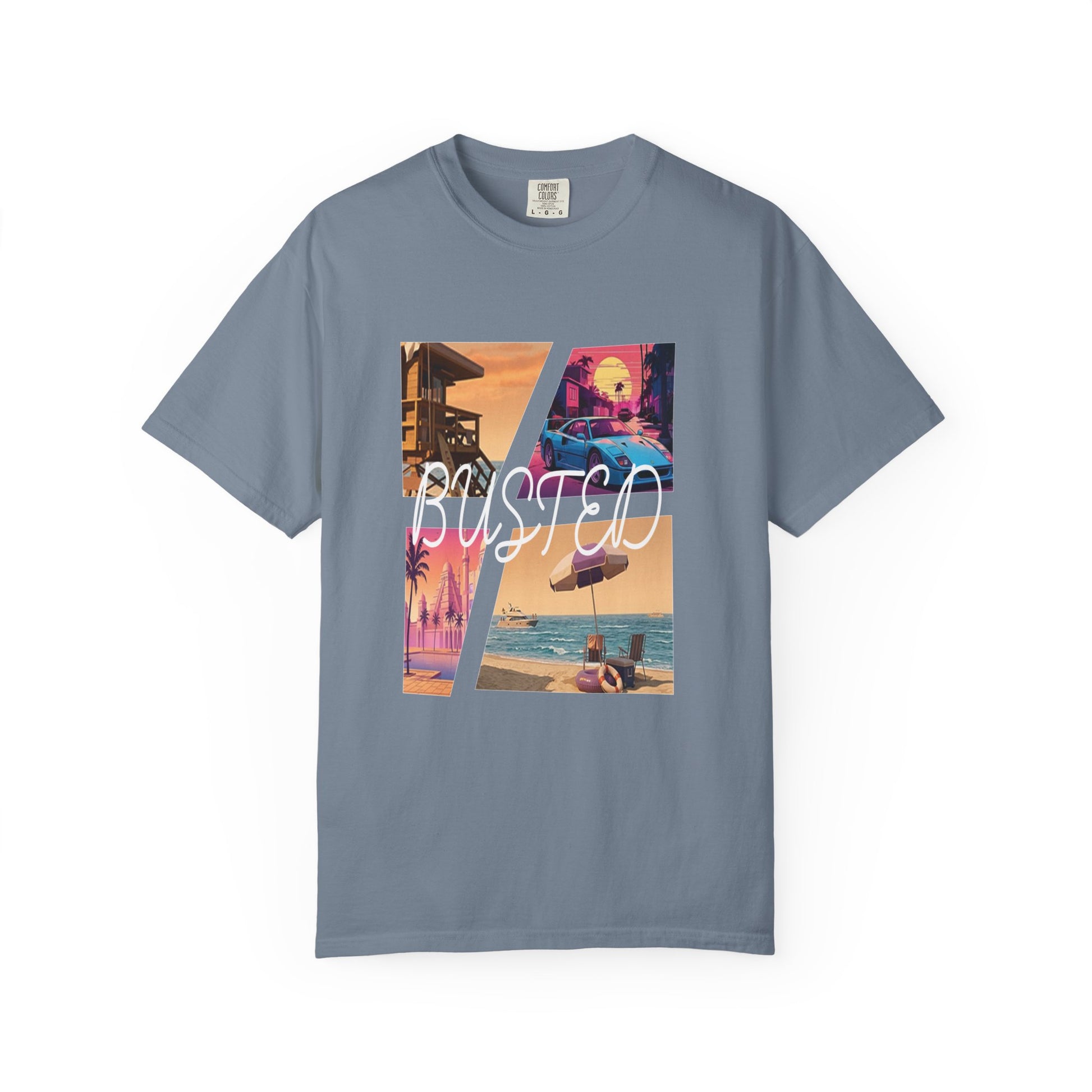 Retro open world gaming inspired neon sunset graphic tee