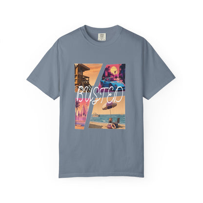 Retro open world gaming inspired neon sunset graphic tee