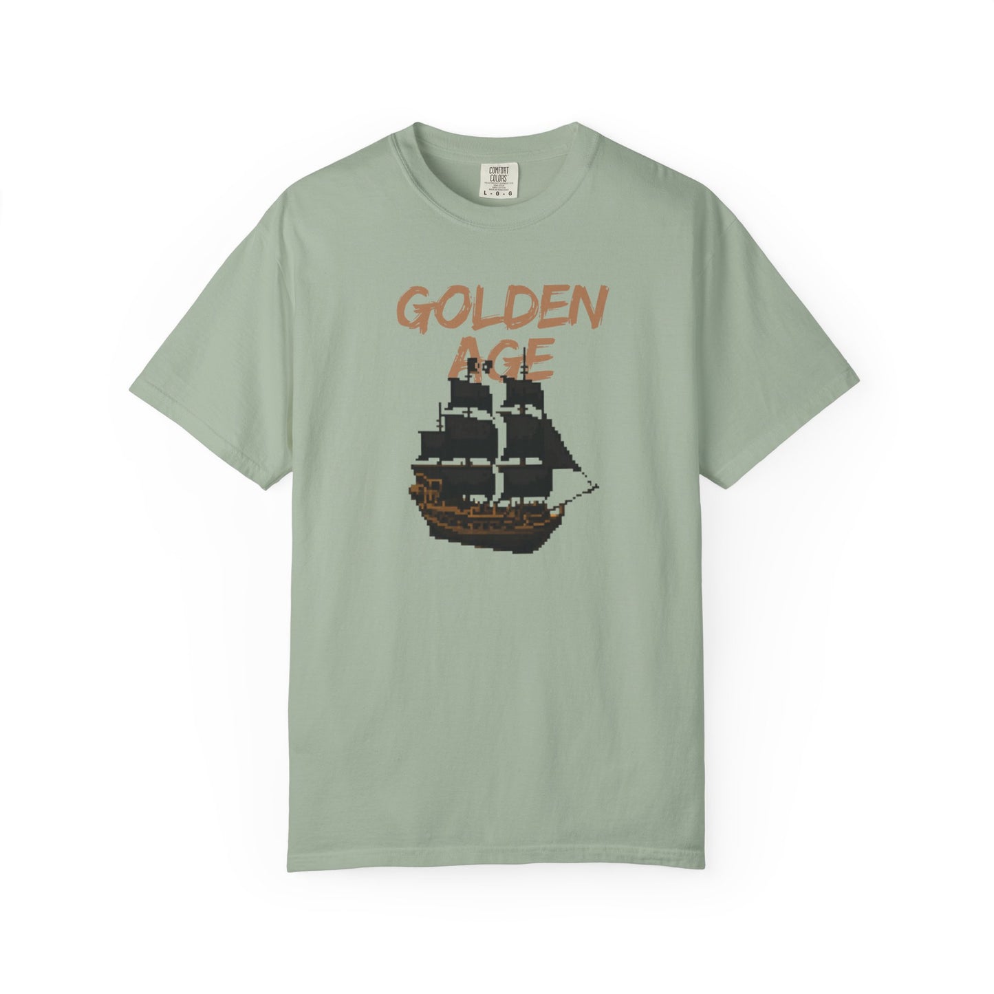 Retro pixel art t-shirt featuring a shadowy privateer ship and bold worn typography
