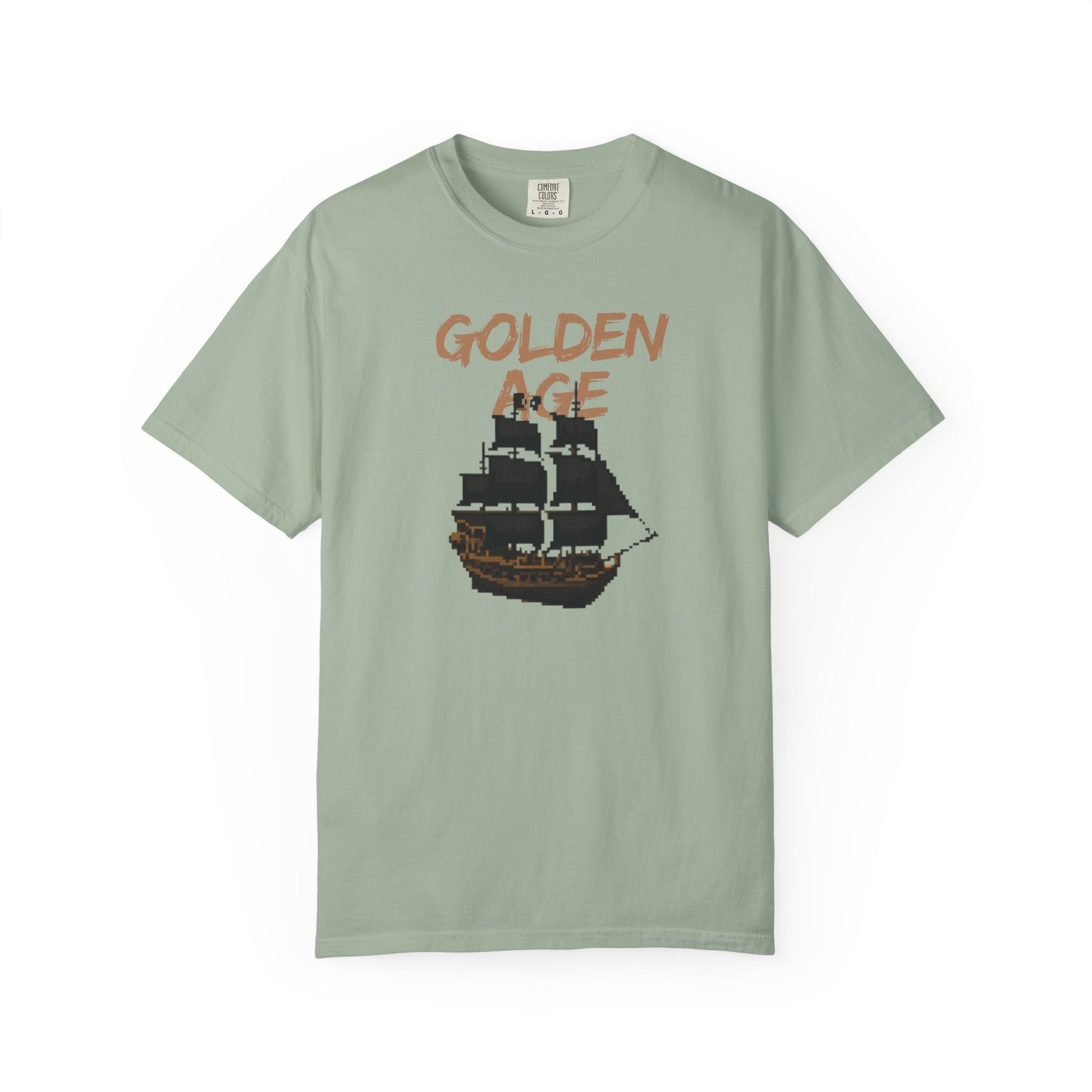 Retro pixel art t-shirt featuring a shadowy privateer ship and bold worn typography
