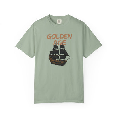 Retro pixel art t-shirt featuring a shadowy privateer ship and bold worn typography
