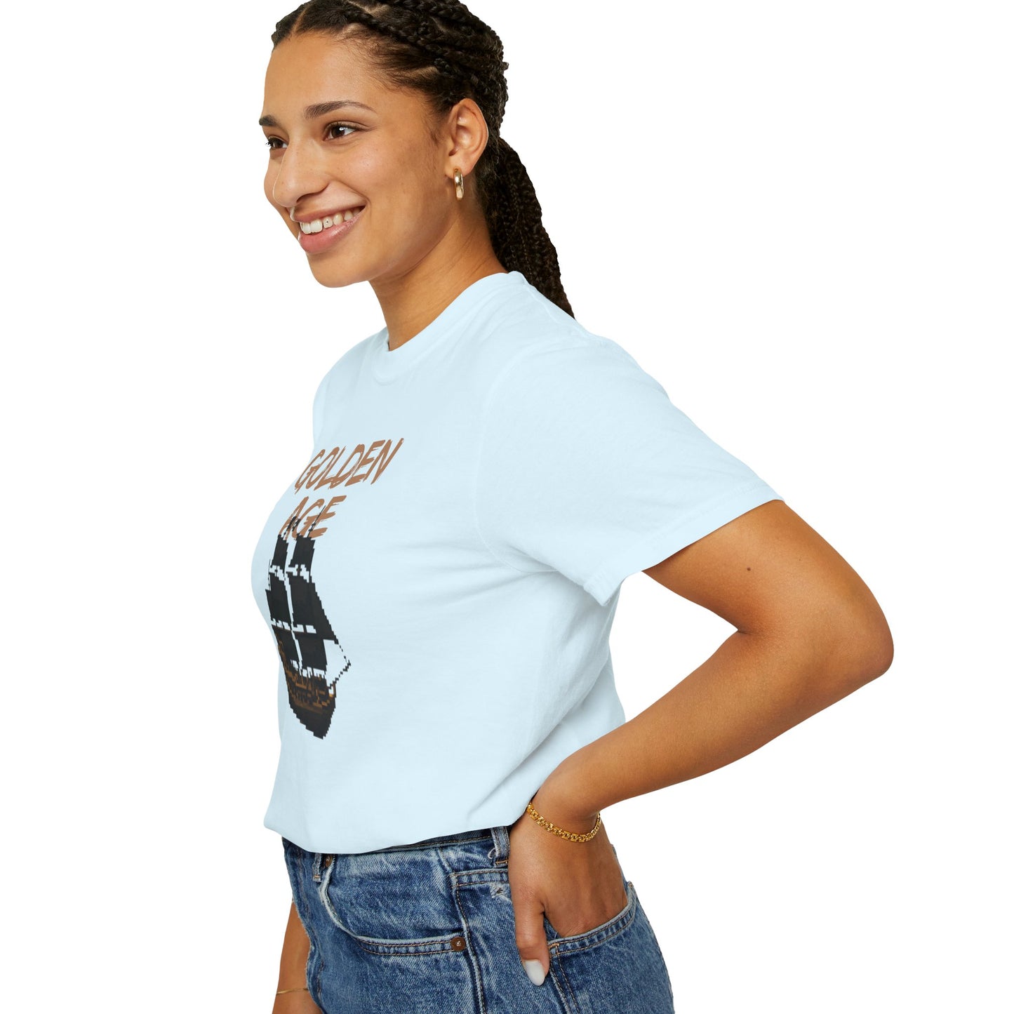 Retro pixel art t-shirt packaging flat lay with tissue paper and sticker
