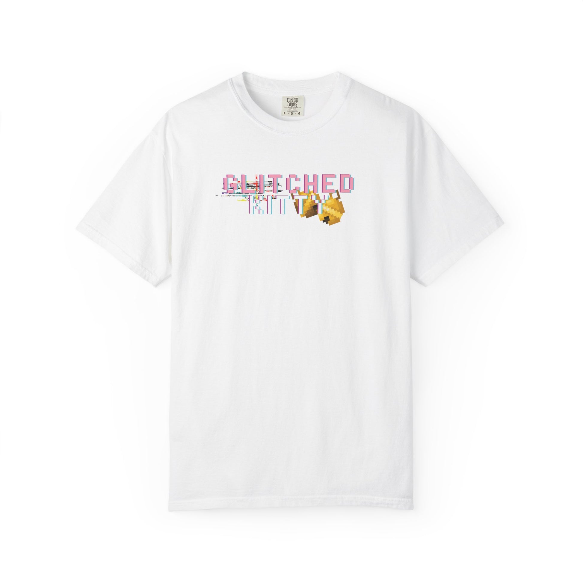 Retro pixel cat graphic tee front view in faded vintage color
