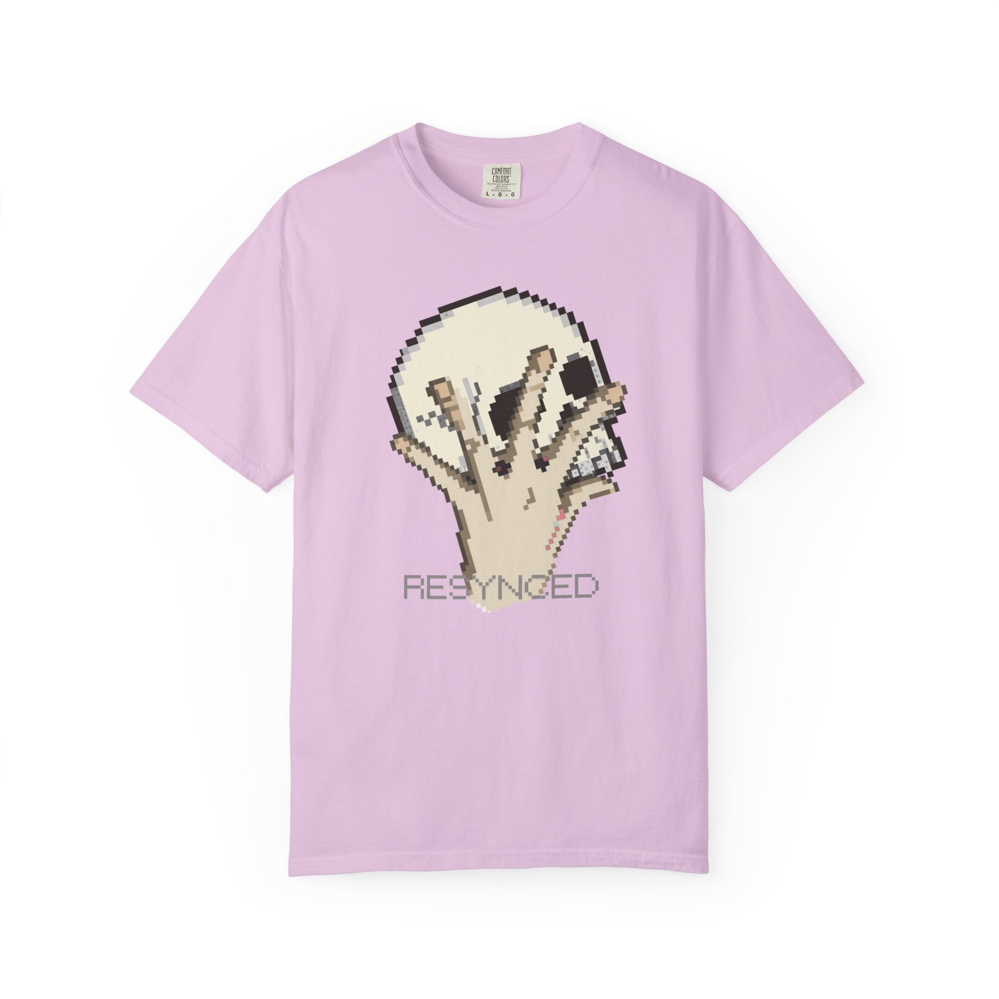 Retro pixel graphic tee worn streetwear style side angle
