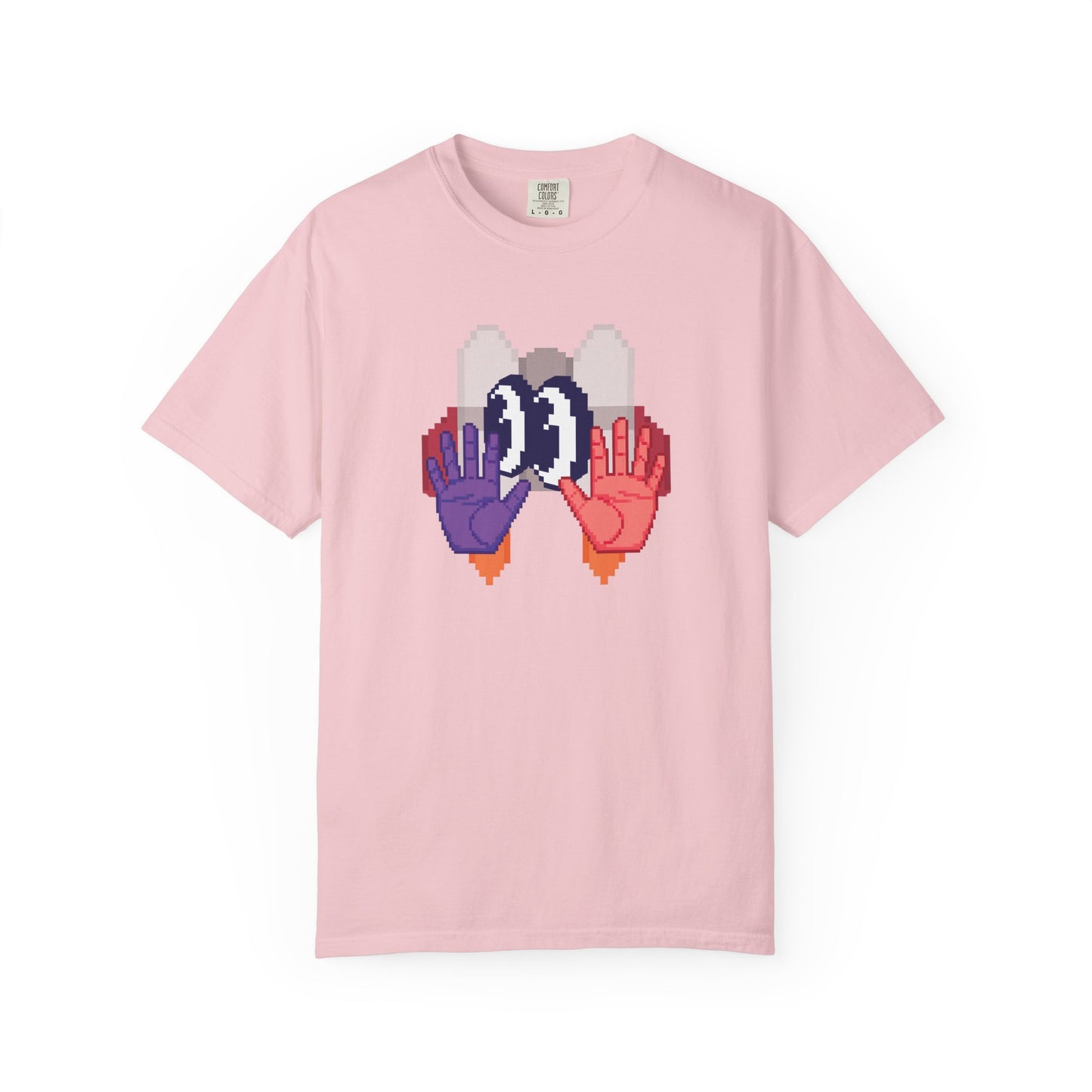 Retro pixel mechanical hands graphic tee front view on white background
