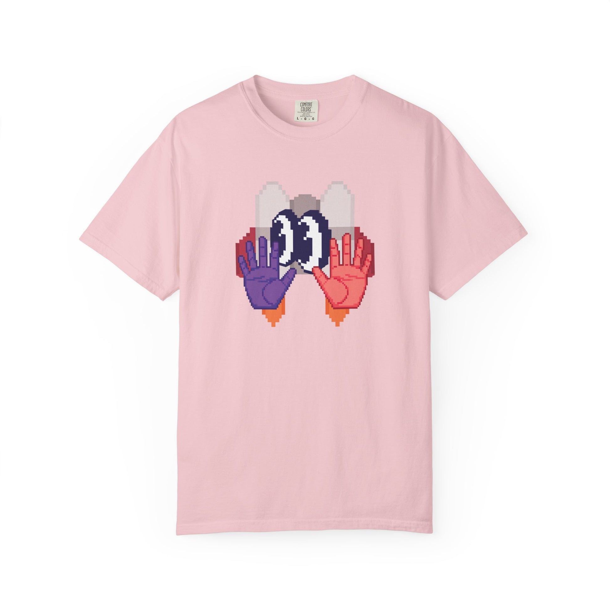 Retro pixel mechanical hands graphic tee front view on white background
