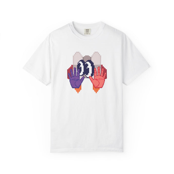 Retro pixel mechanical hands graphic tee front view white background
