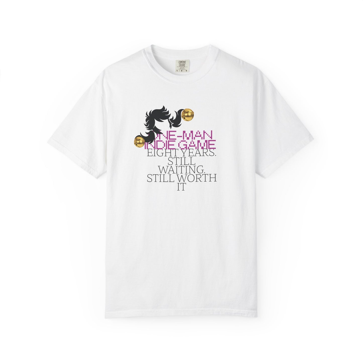 Retro pixel tees with pink 8-bit One-Man Indie Game text and golden jingle bells
