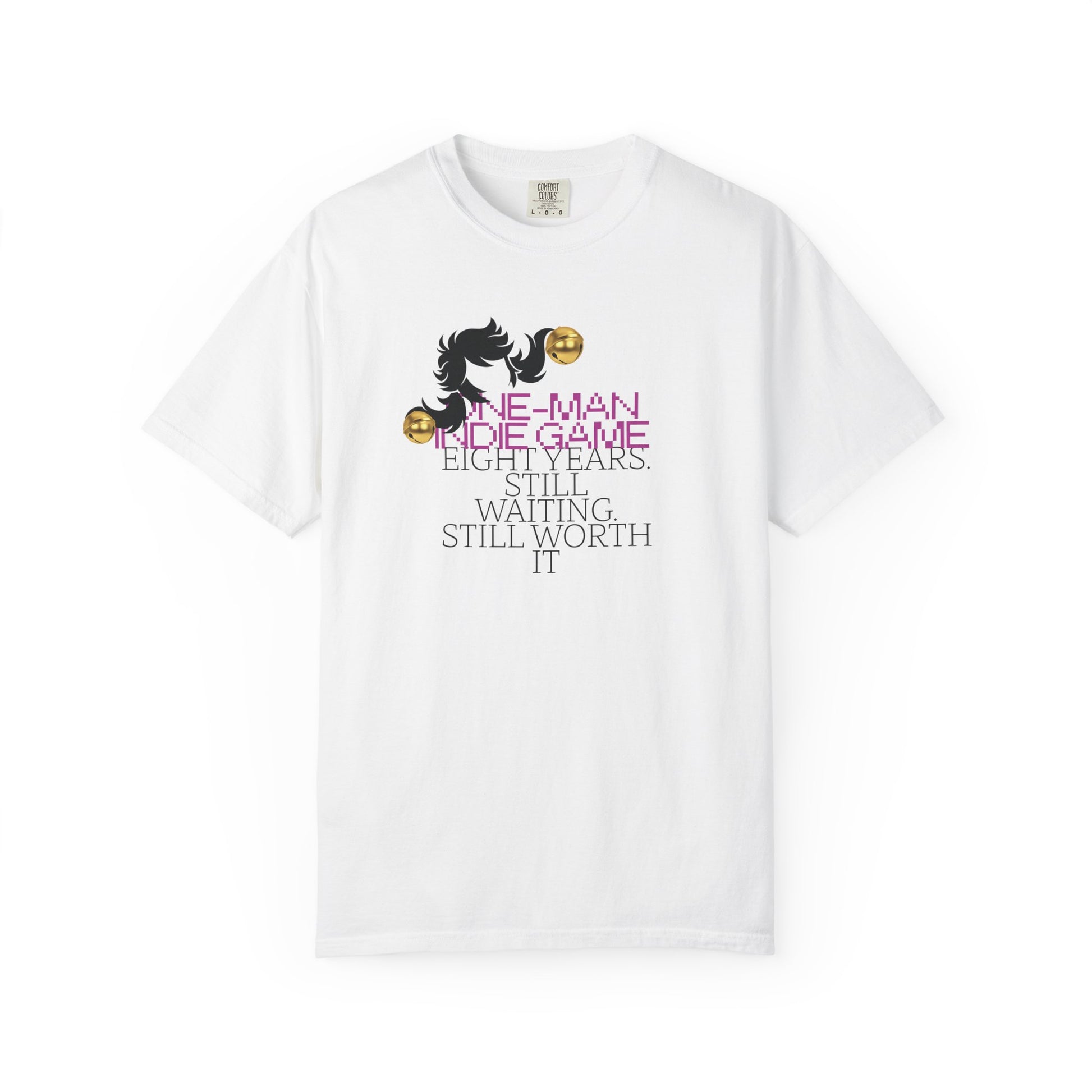 Retro pixel tees with pink 8-bit One-Man Indie Game text and golden jingle bells
