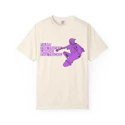Retro purple skate tee with bold stacked block typography graphic