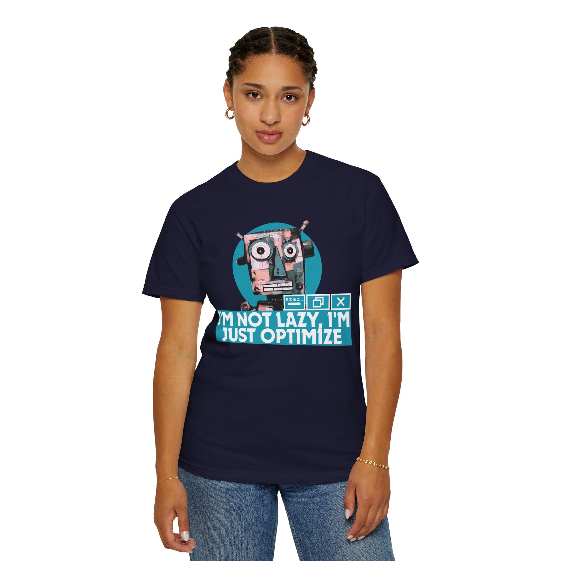 Retro robot graphic on tech humor t-shirt symbolizing optimization and developer culture