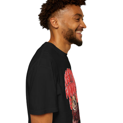 Retro style jester dog print shirt.