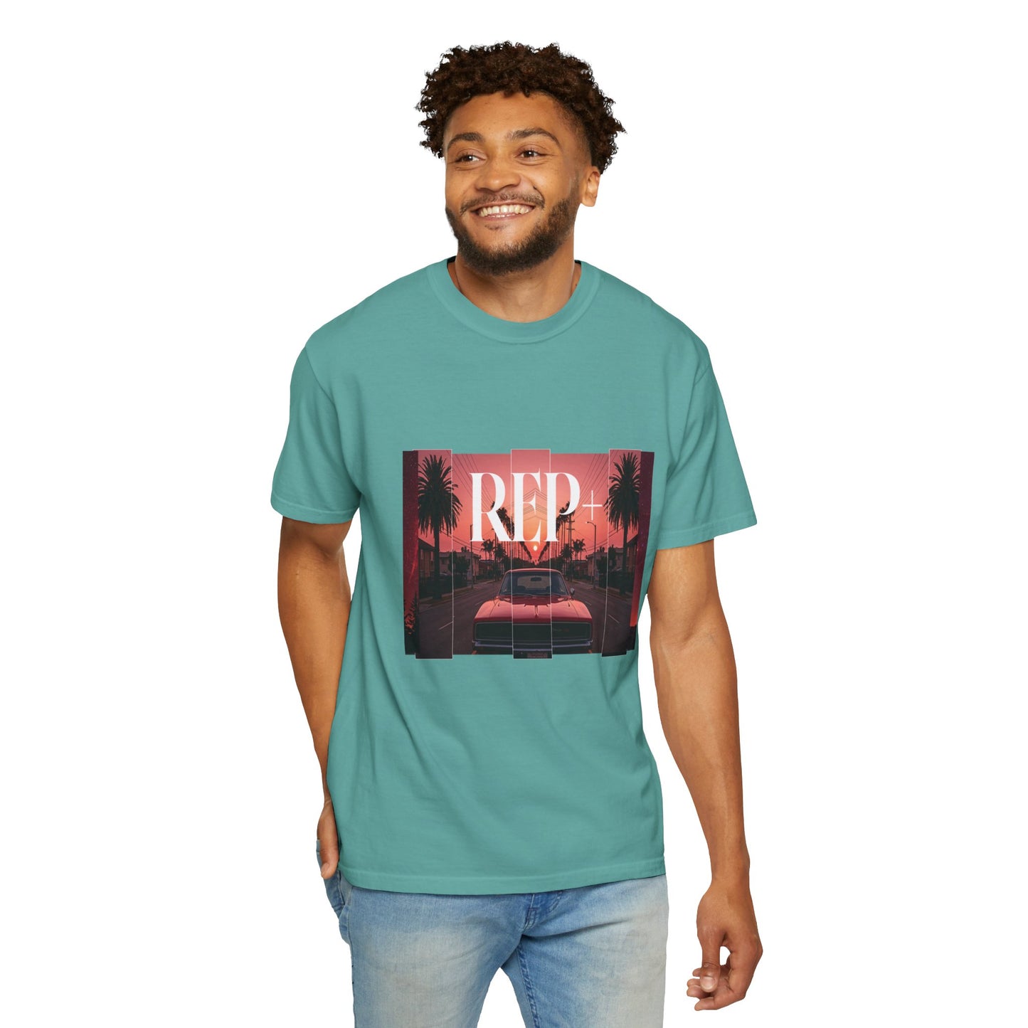 Retrowave shirt print featuring low-slung red car against a striped pink and orange sky
