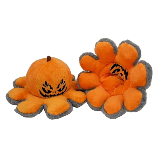 Reversible pumpkin plush in orange jack o lantern and gray spider flip plush forms, handmade Halloween mood plushie 20cm