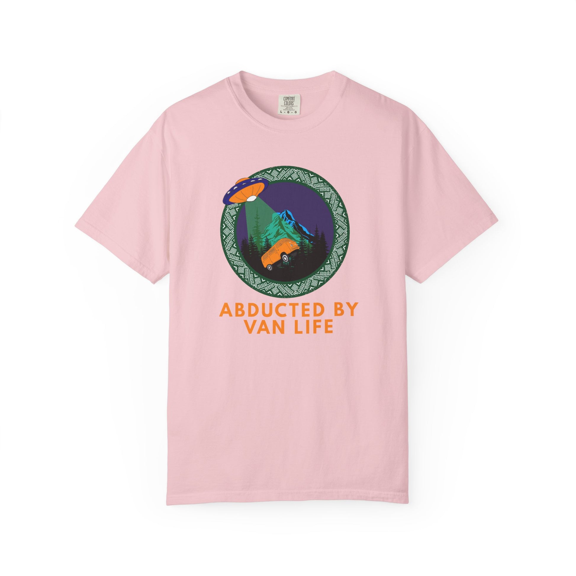 Road trip T-shirt with alien abduction camper van and forest landscape graphic