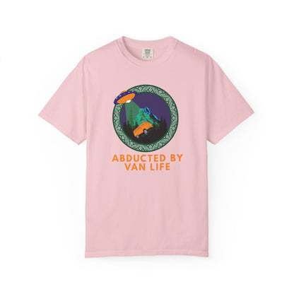 Road trip T-shirt with alien abduction camper van and forest landscape graphic