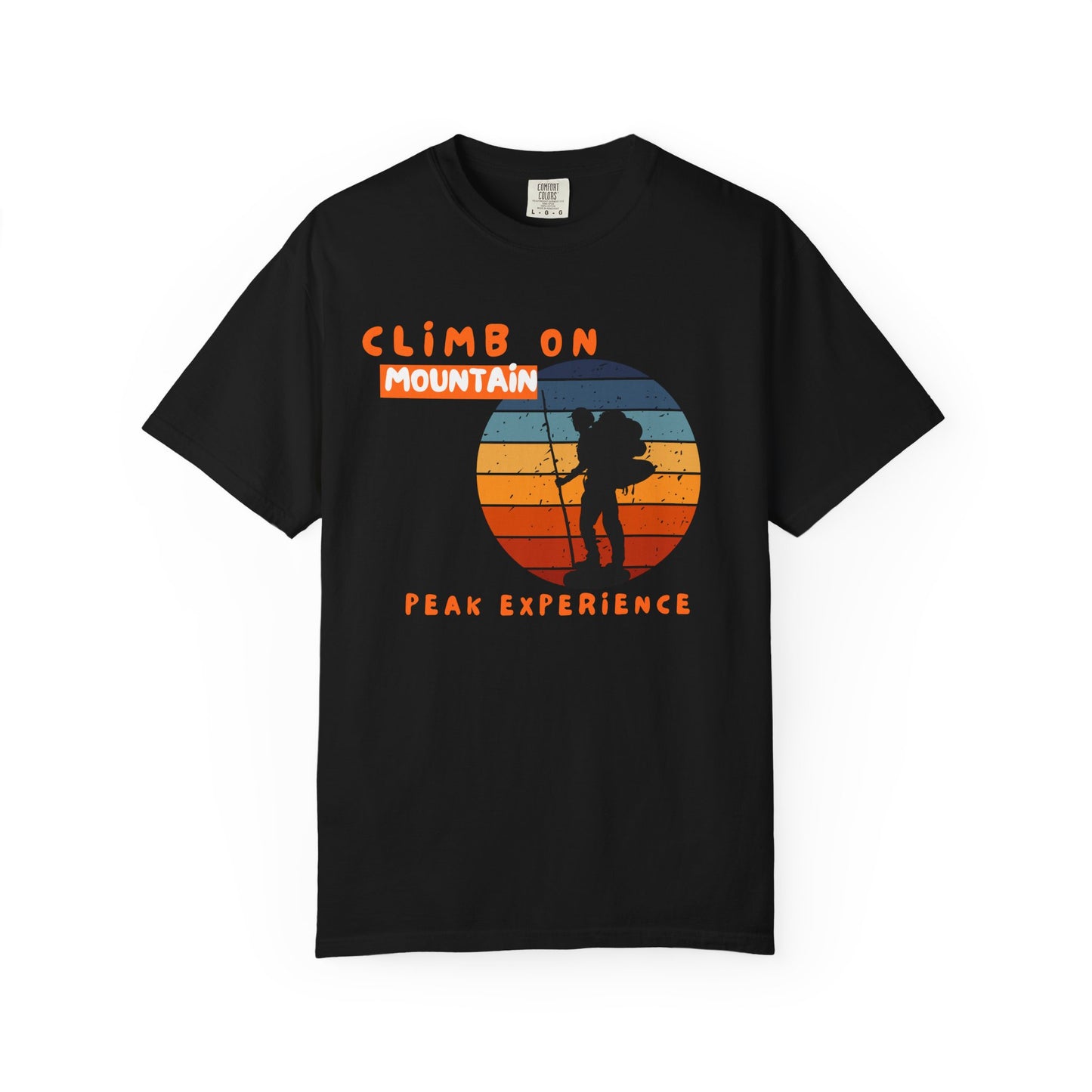 Rock climber gift t-shirt with retro mountain silhouette and orange sunset color palette