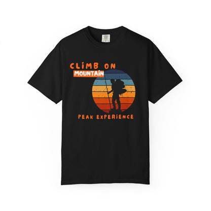 Rock climber gift t-shirt with retro mountain silhouette and orange sunset color palette