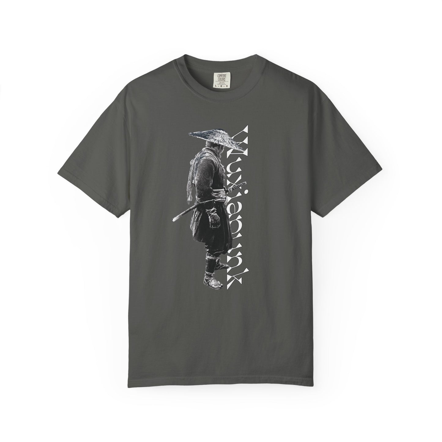 Ronin shirt design with a katana resting at the hip in moody lighting
