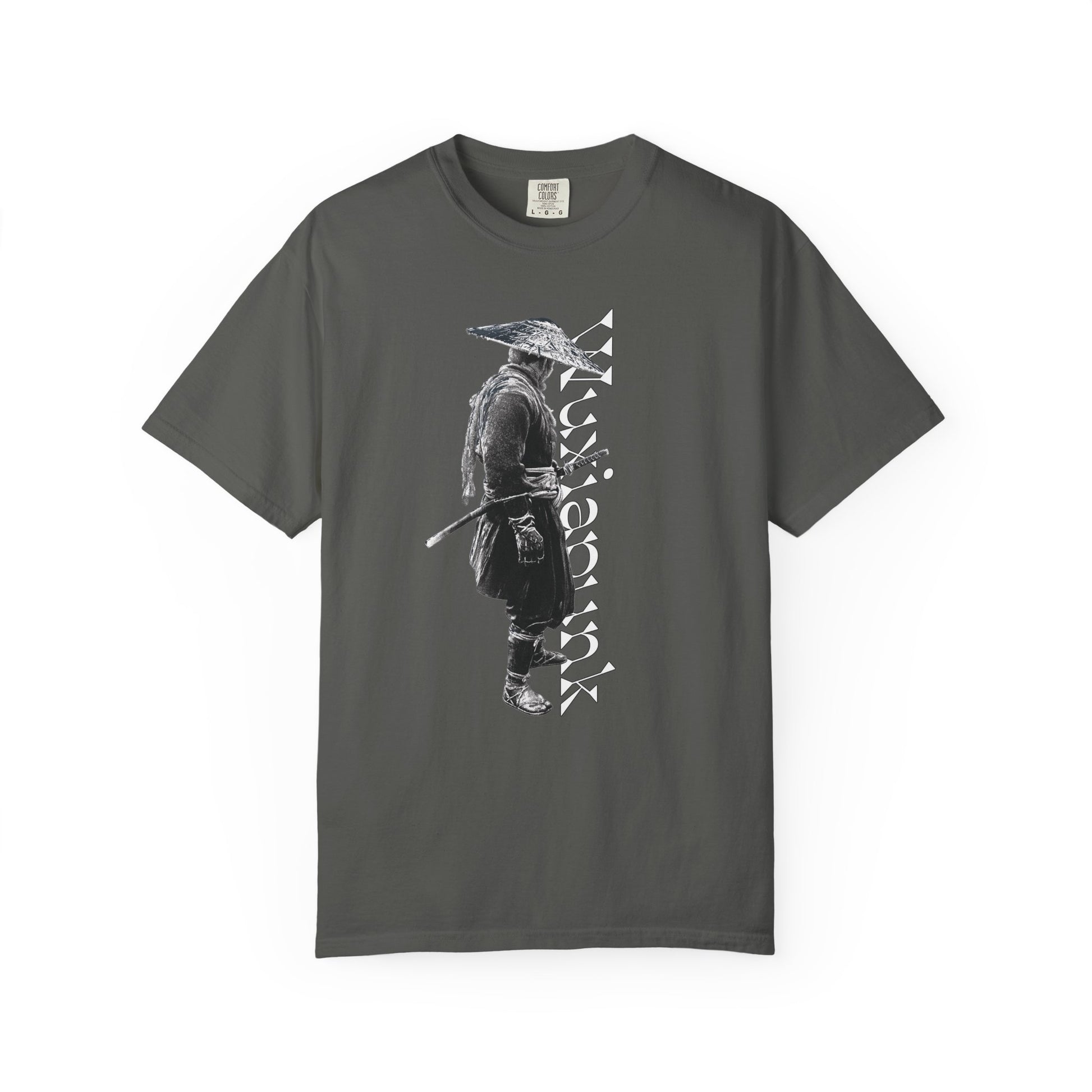 Ronin shirt design with a katana resting at the hip in moody lighting
