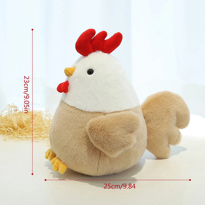 Rooster plush doll size comparison next to hand showing 23cm scale