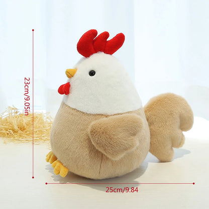Rooster plush doll size comparison next to hand showing 23cm scale