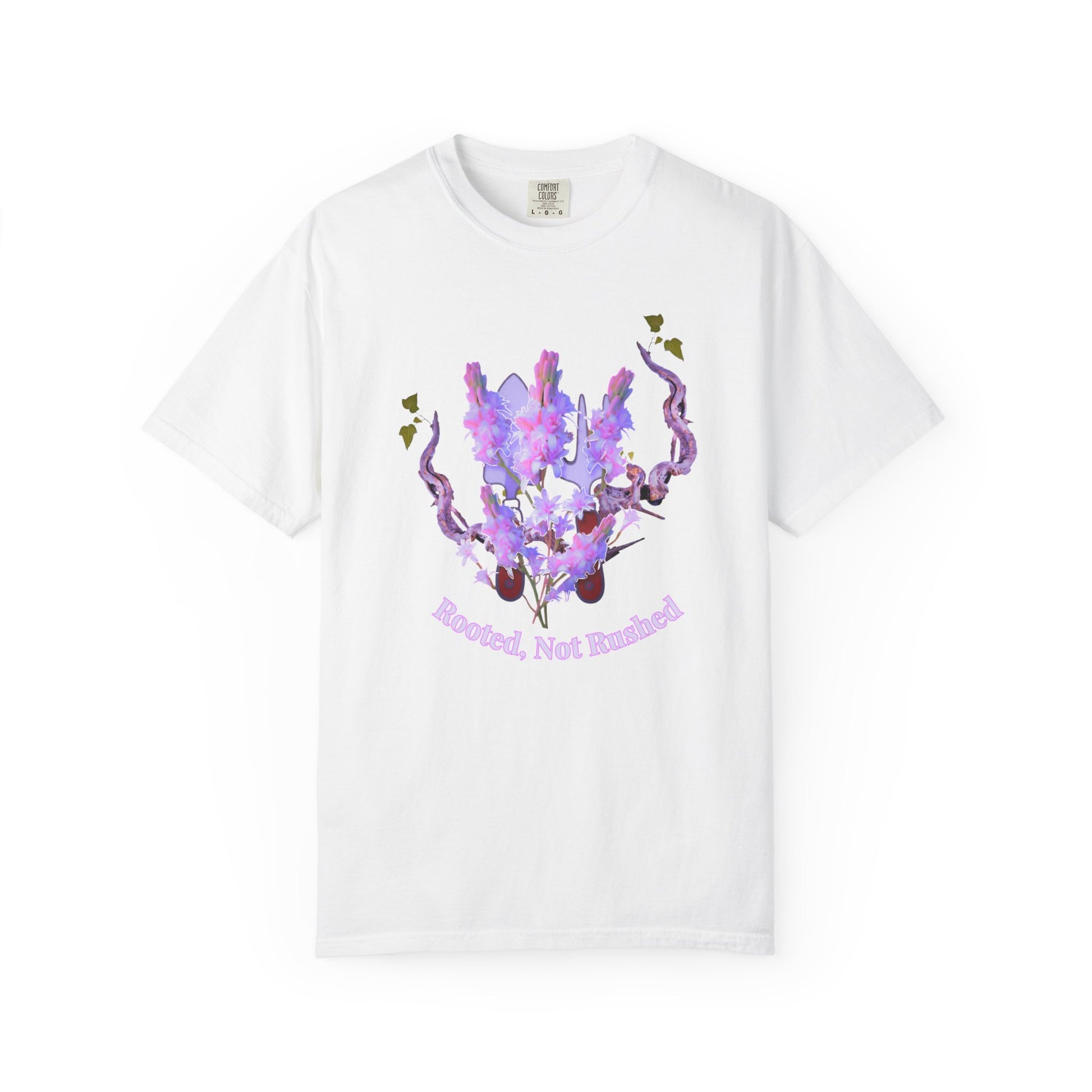 Rooted Not Ruined printed unisex tee in lavender watercolor floral design by Aprasi