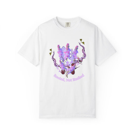 Rooted Not Ruined printed unisex tee in lavender watercolor floral design by Aprasi