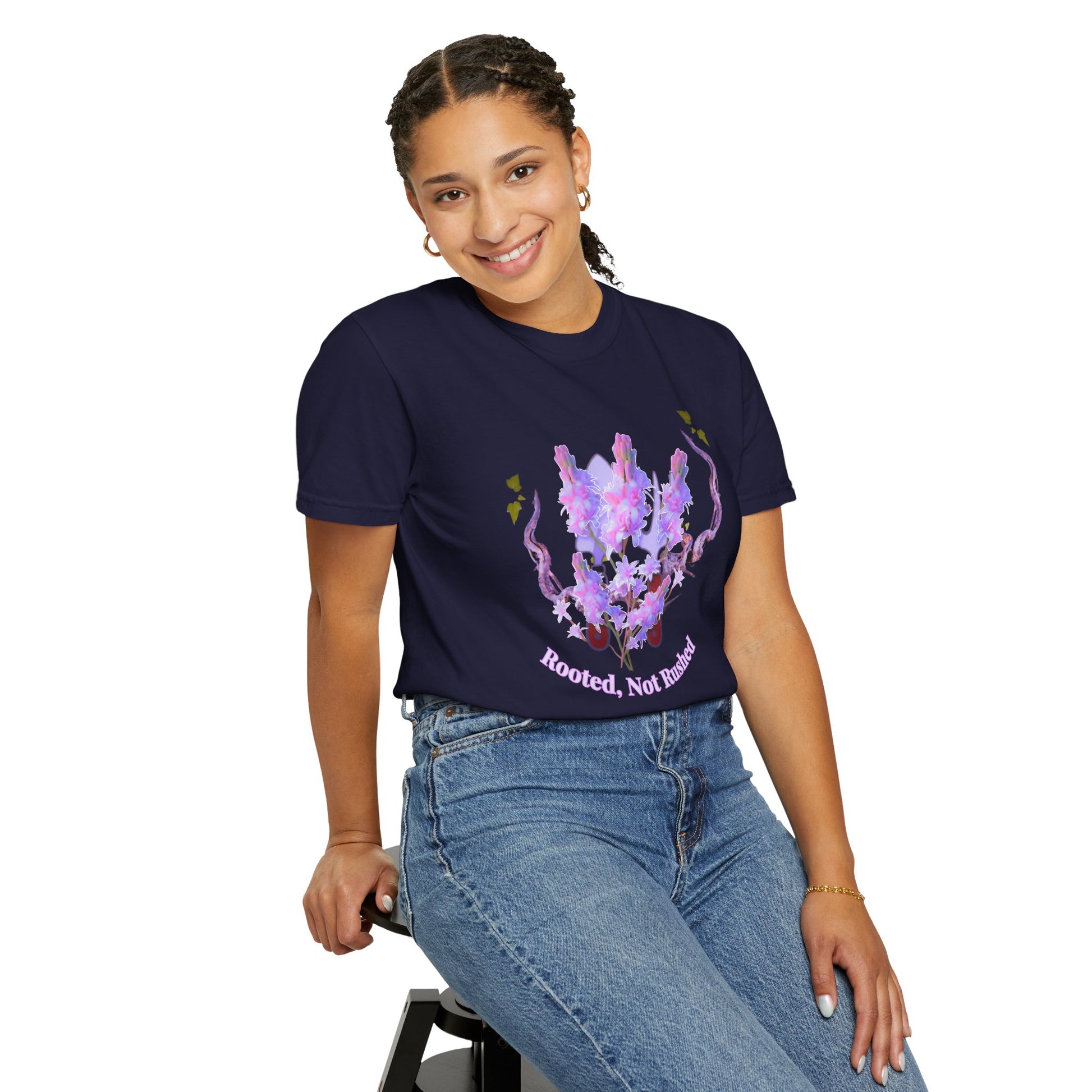 Rooted not ruined printed unisex tee styled with high waisted wide leg jeans