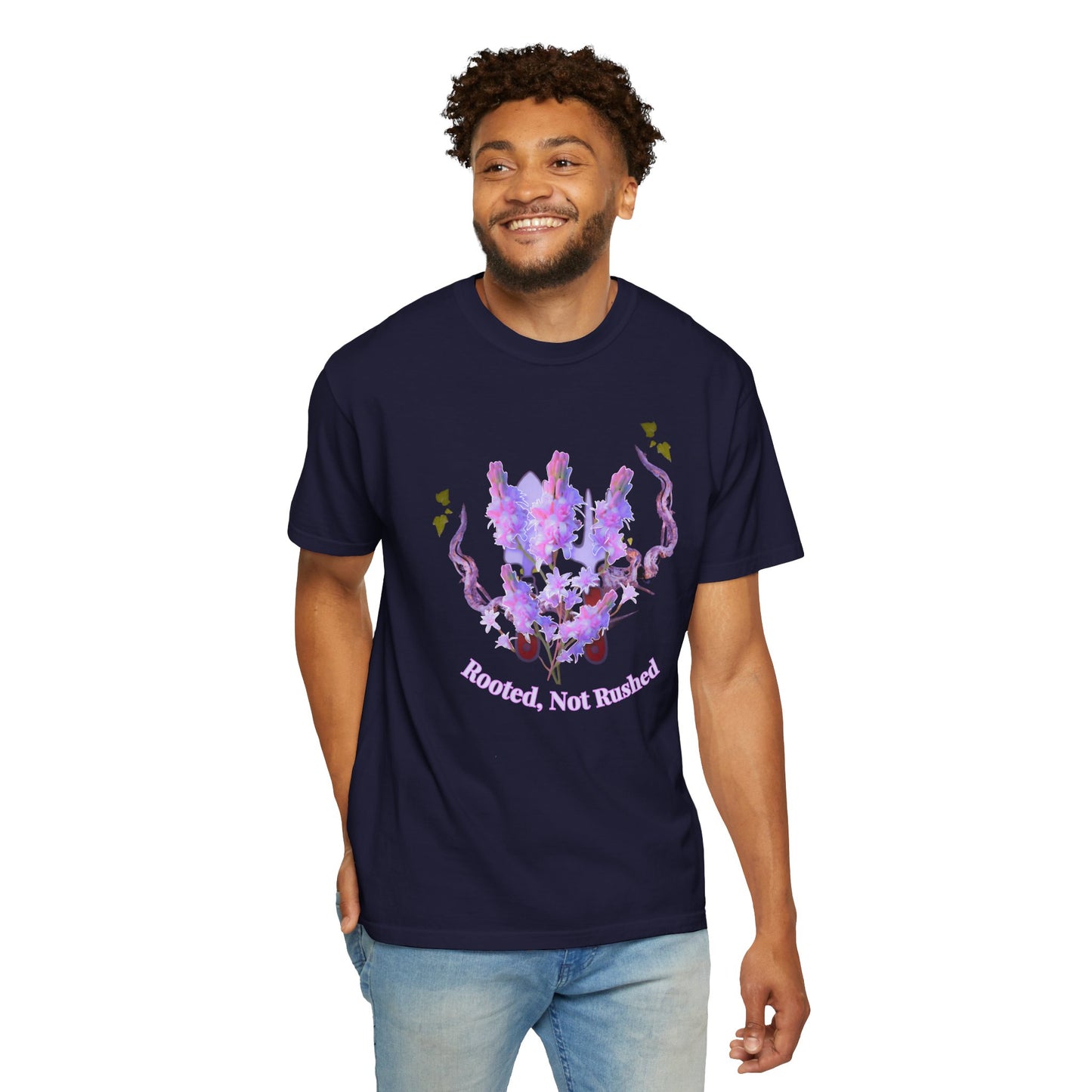 Rooted tee back view relaxed unisex fit garment dyed cotton heavyweight