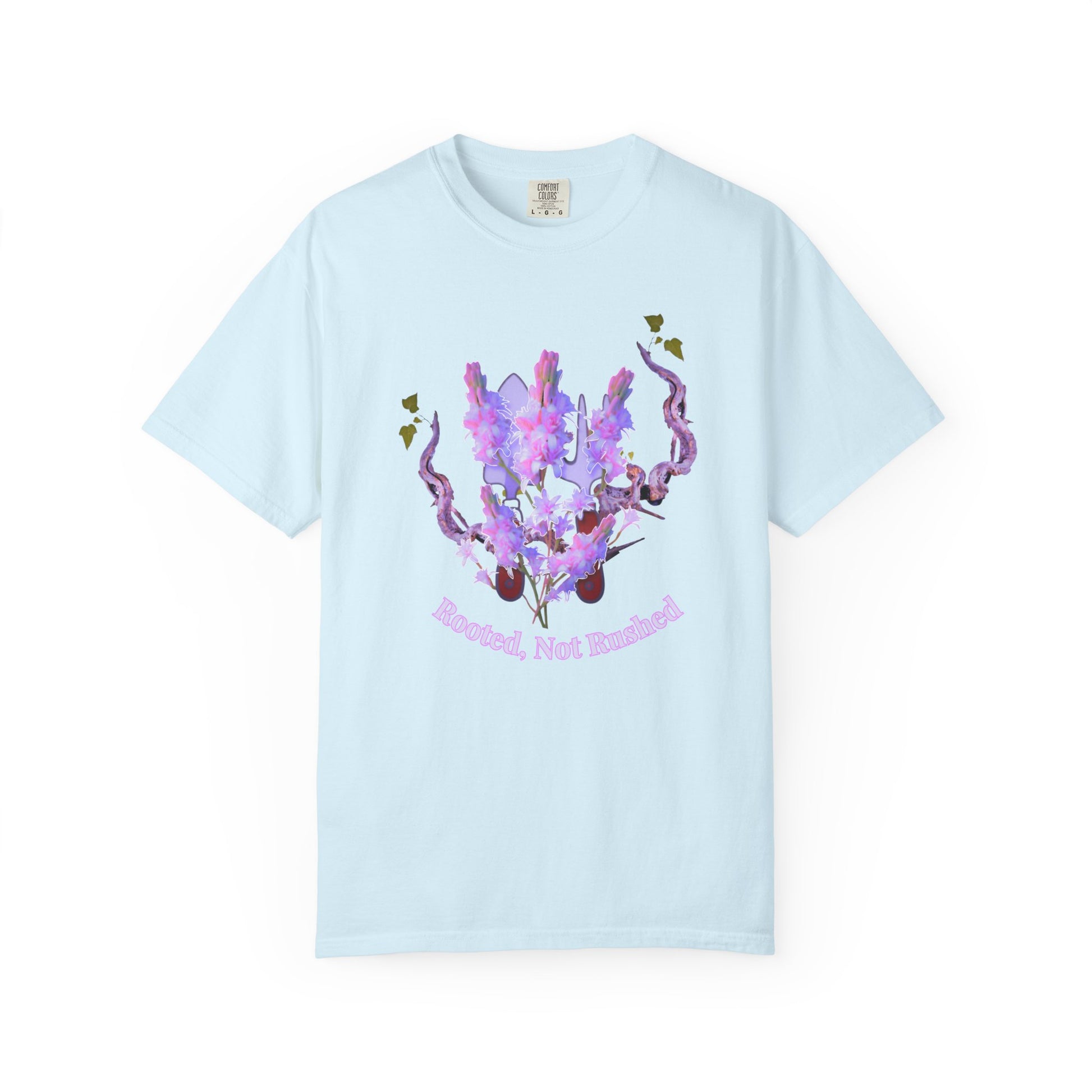 Rooted tee with watercolor violet florals and arched affirmation lettering close-up
