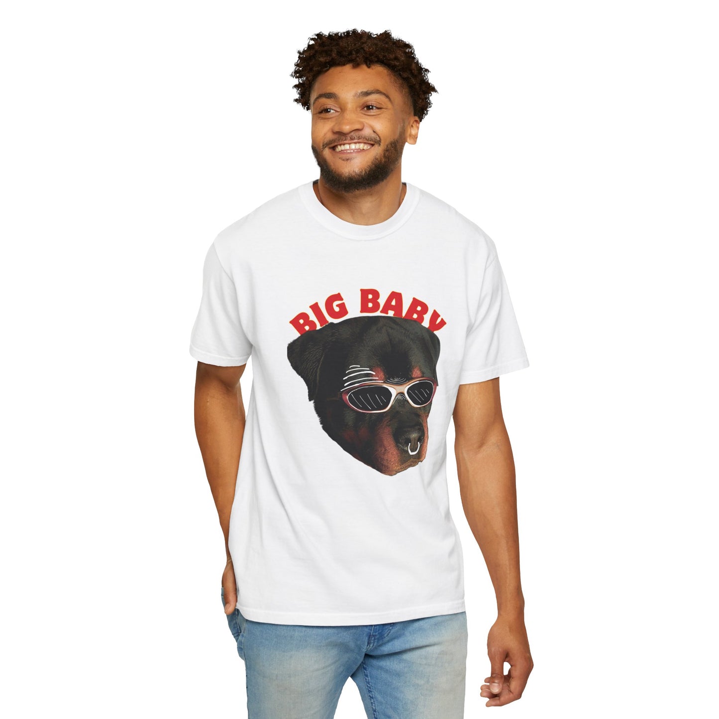 Rottweiler funny tee side profile showing tubular knit garment-dyed fabric