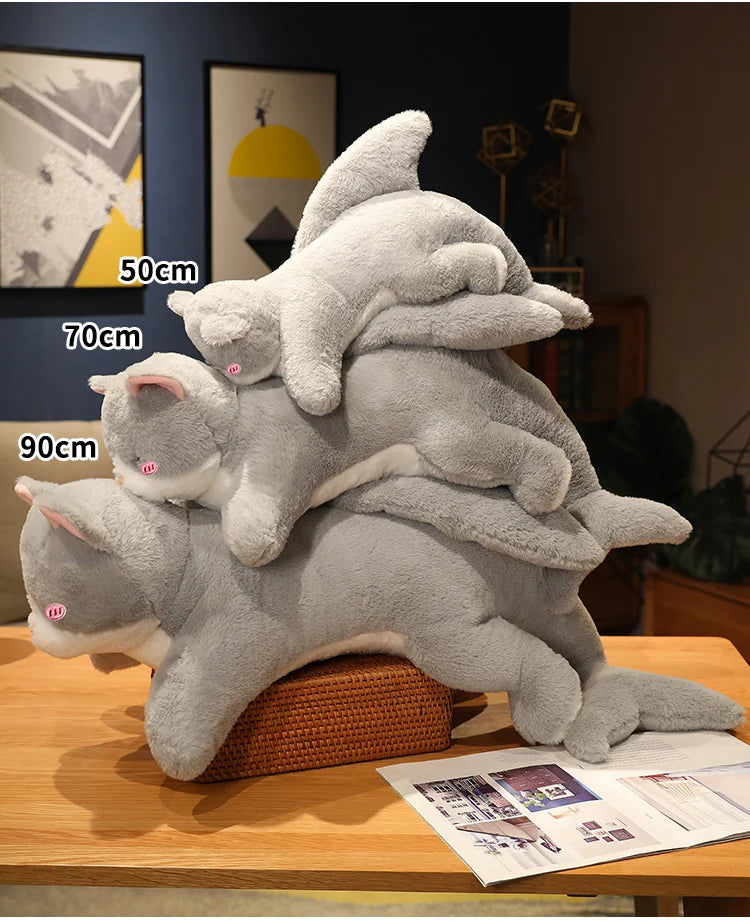 Gray Shark Cat Plushie | Handmade Kitten Shark Hybrid Body Pillow | Kawaii Cat Plush 50 70 90 cm