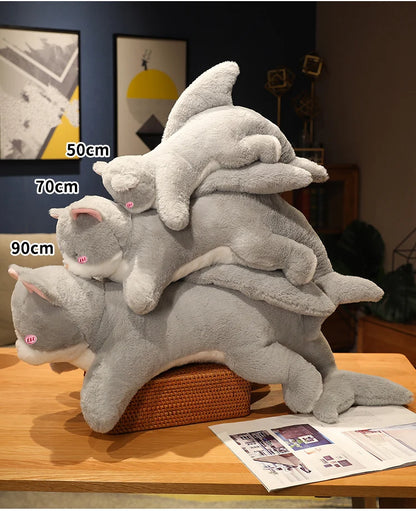 Gray Shark Cat Plushie | Handmade Kitten Shark Hybrid Body Pillow | Kawaii Cat Plush 50 70 90 cm