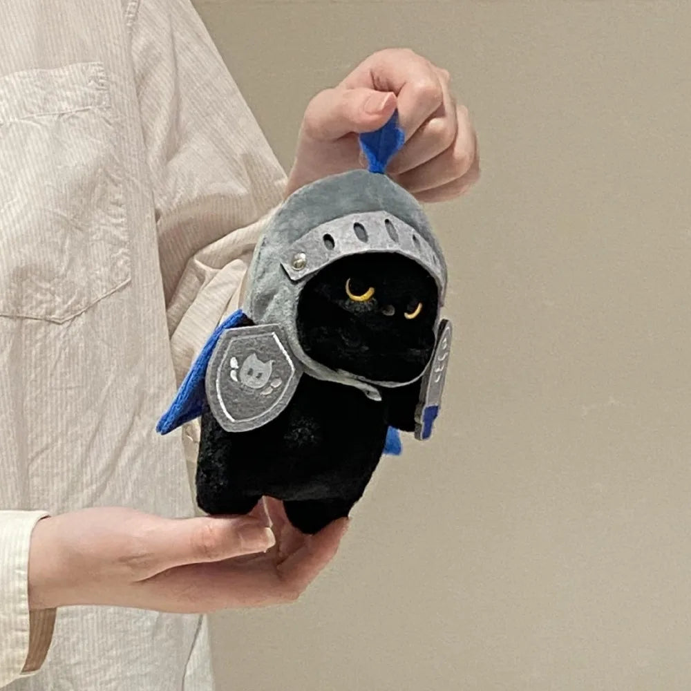 Black Cat Knight Plush Pendant - Handmade Fantasy Armor Cat Stuffed Toy 16cm