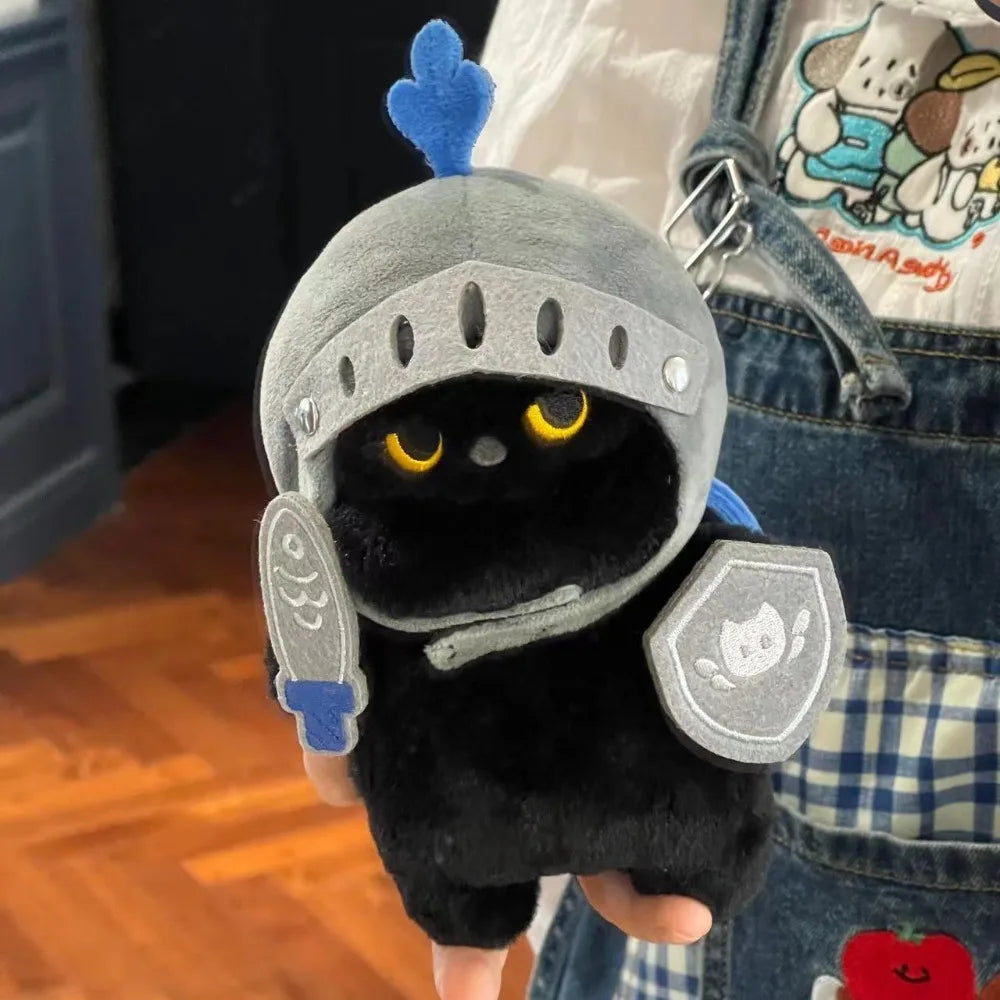 Black Cat Knight Plush Pendant - Handmade Fantasy Armor Cat Stuffed Toy 16cm