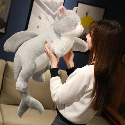 Gray Shark Cat Plushie | Handmade Kitten Shark Hybrid Body Pillow | Kawaii Cat Plush 50 70 90 cm