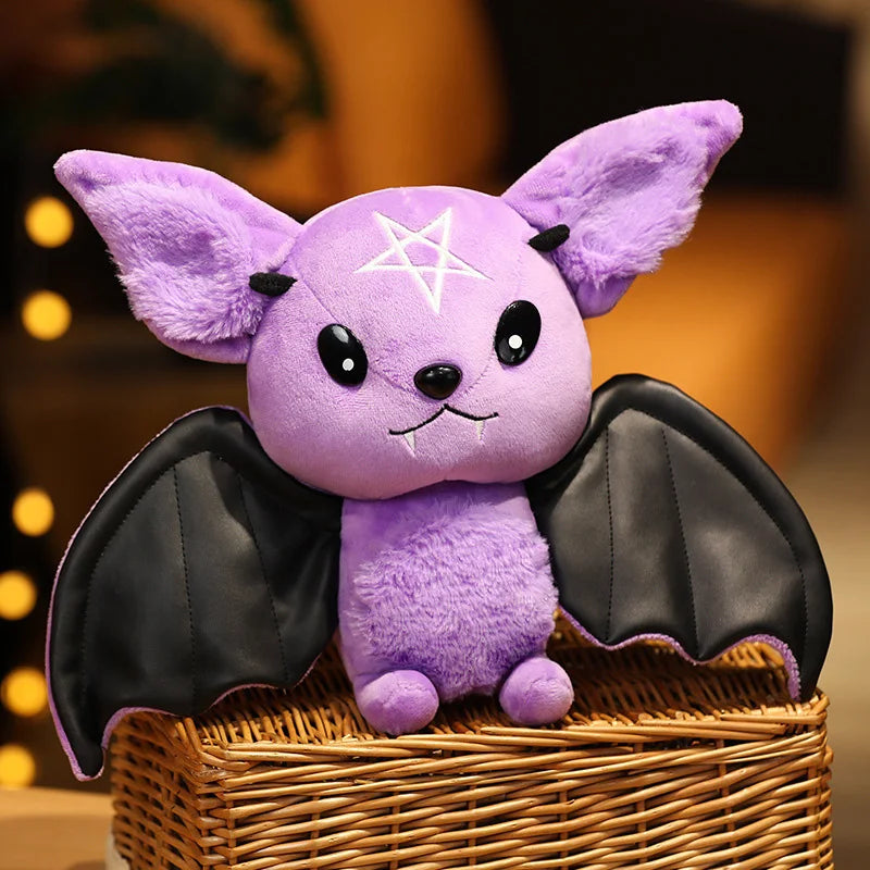 Cute Dark Series Bat Plush Doll 25cm | Pastel Goth Bat Stuffed Toy with Faux Leather Wings and Occult Symbols